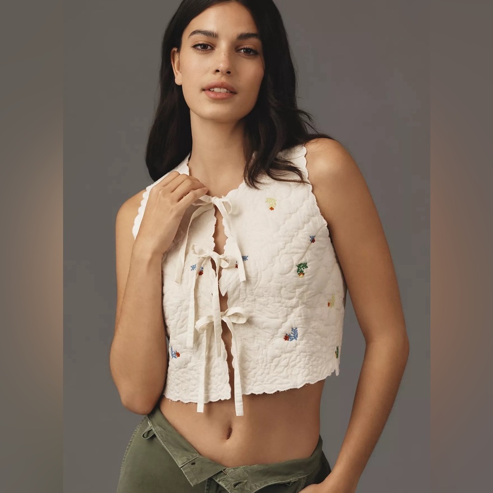 Anthropologie embroidered quilted floral tie front vest